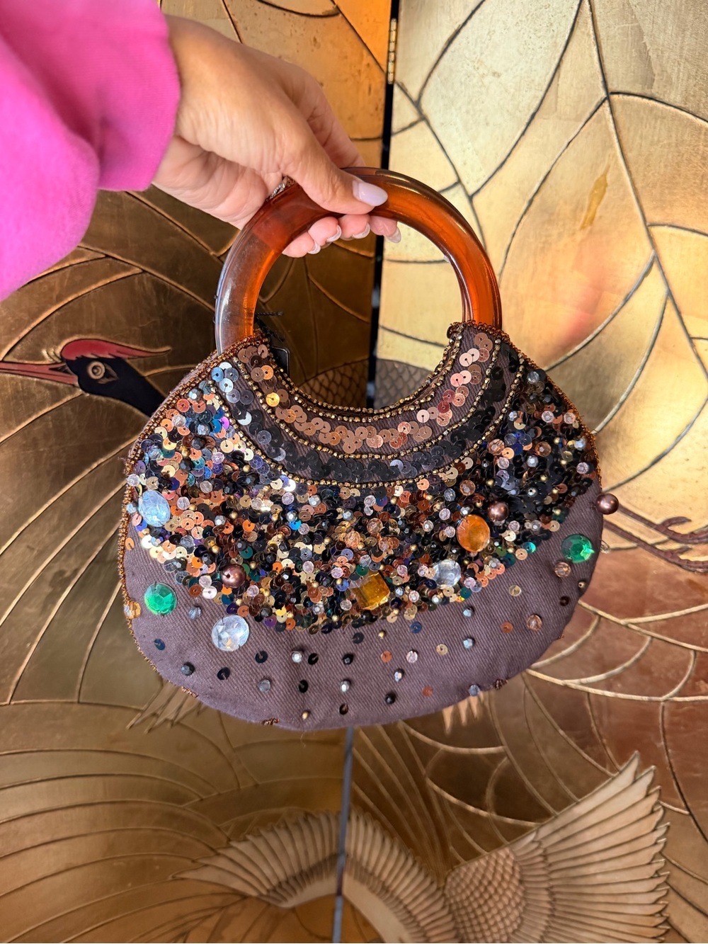 Embellished Brown Sequin Handbag with Amber Handle